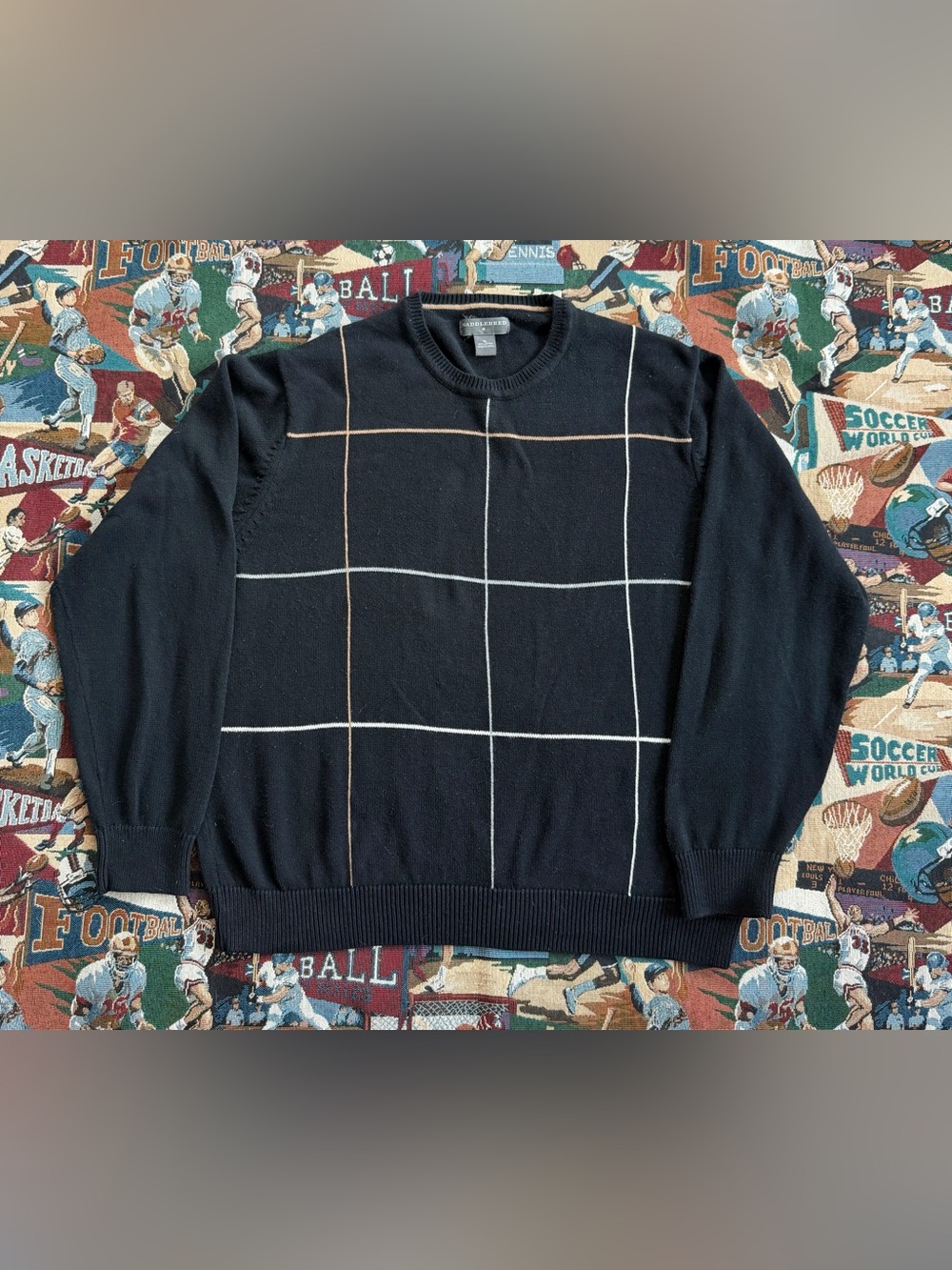 Vintage 90s Men’s Saddlebred Black Grid Cotton Sweater